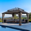 Kingston 12x16 Gazebo with Netting & Curtain | Steel & PC Roof - Brown Aluminum Posts