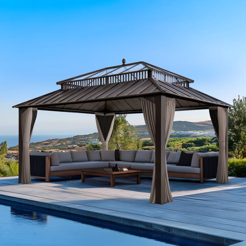 Kingston 12x16 Gazebo with Netting & Curtain | Steel & PC Roof - Brown Aluminum Posts