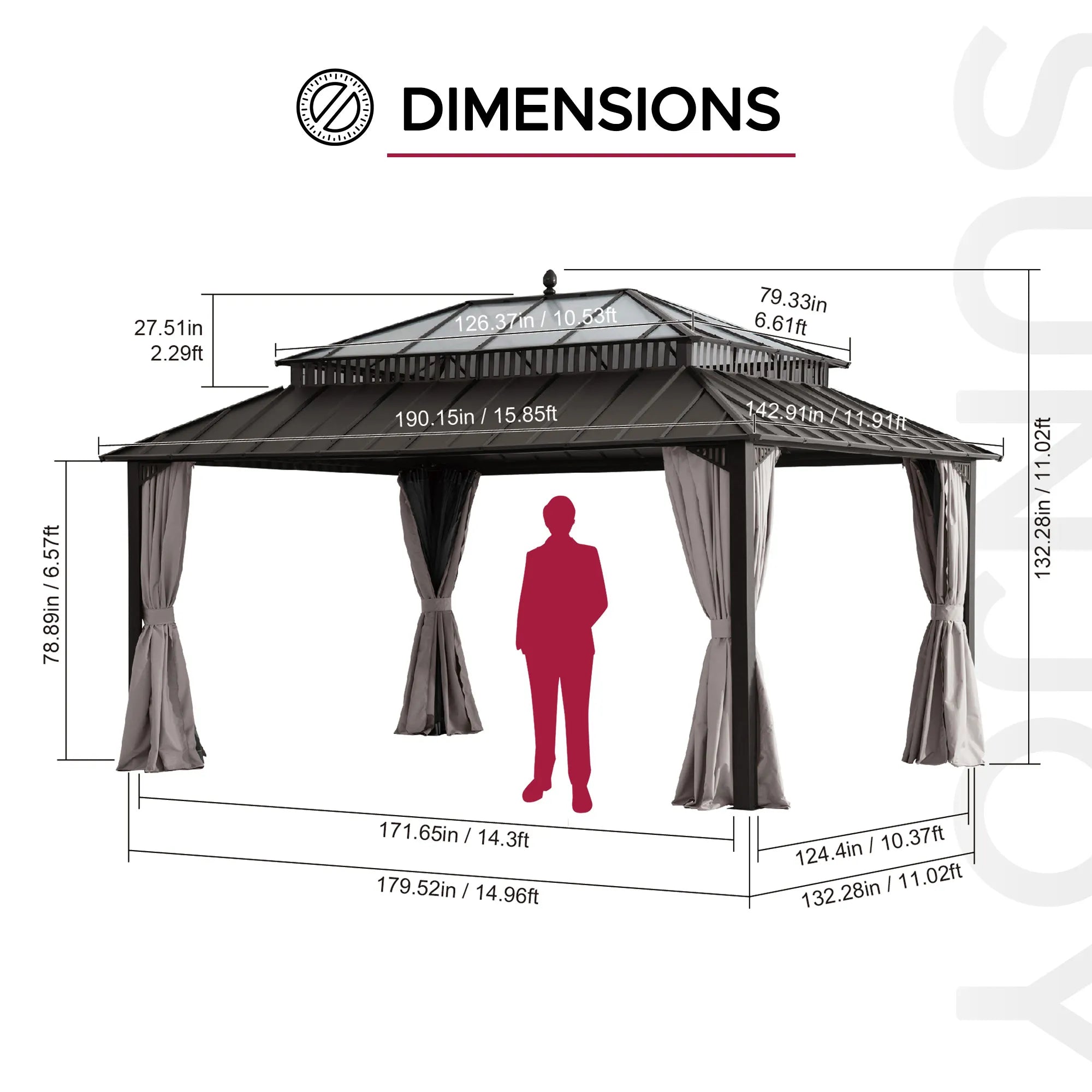 Kingston 12x16 Gazebo with Netting & Curtain | Steel & PC Roof - Brown Aluminum Posts