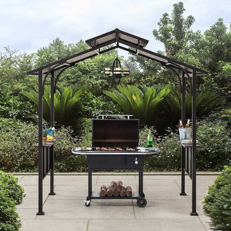 5x8 Backyard Hardtop Grill Gazebo with Ceiling Hook and Bar Shelves