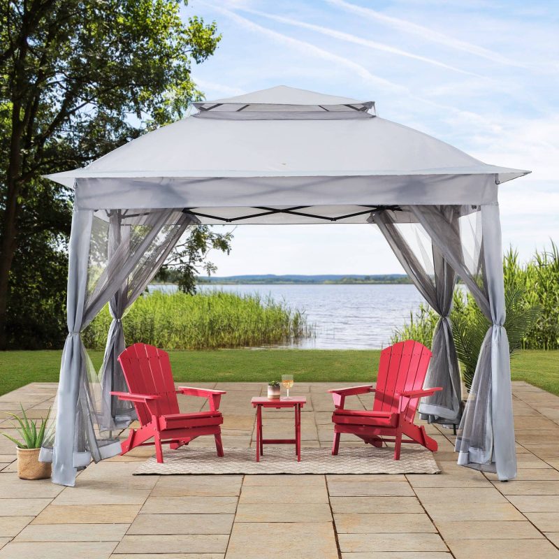 11x11 Pop Up Gazebo Tent with Netting and Carry Bag - Light Gray