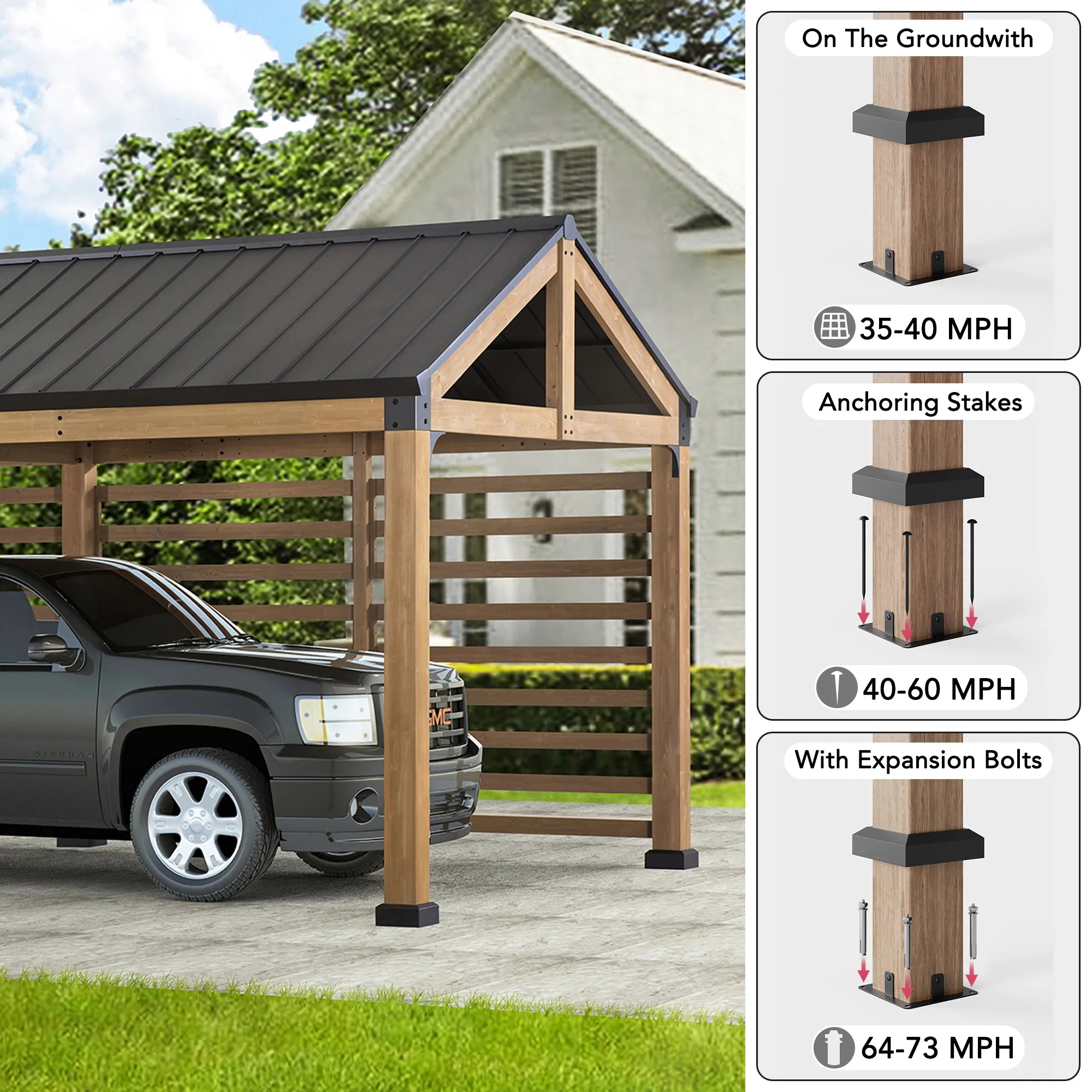 Newville 10x20 Wood Carport with Privacy Wall and Rain Gutter