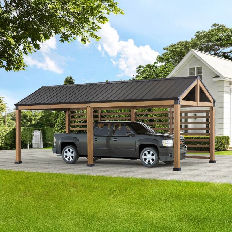 Newville 10x20 Wood Carport with Privacy Wall and Rain Gutter
