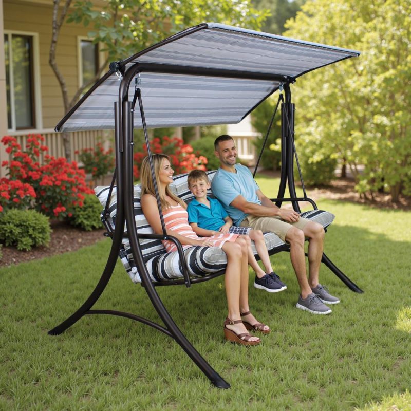 3-Seat Italian-Made Patio Swing Chair with Adjustable Canopy and 4" Cushions – Stripe