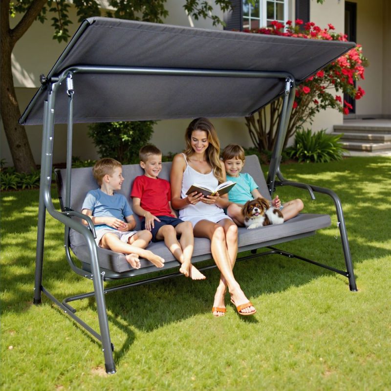 4-Seat Italian-Made Patio Swing Chair / Bed with Adjustable Canopy and Cushions – Gray