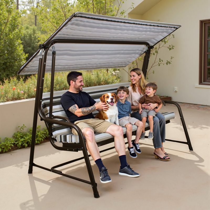 4-Seat Italian-Made Patio Swing Chair / Bed with Adjustable Canopy and Cushions – Stripe