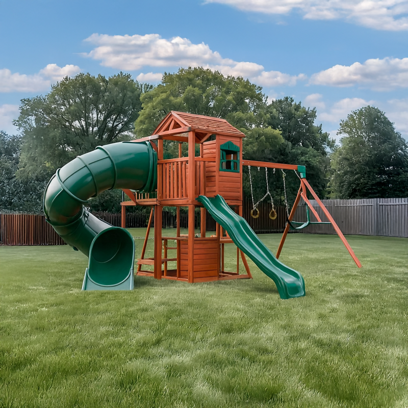 Cedar Wood Outdoor Playset with Spiral Tube Slide, Wave Slide, Swings, and Clubhouse