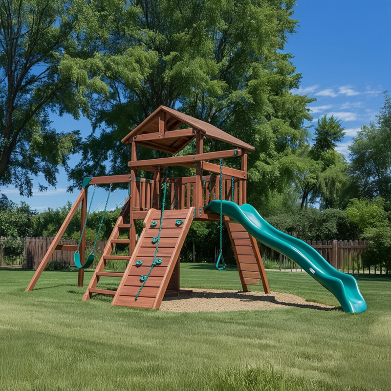 Summit Climber Wooden Playset – Outdoor Kids Playground with Slide, Rope Wall & Tower
