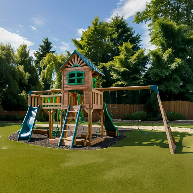 Deluxe Wooden Playhouse with Double Slides, Swings & Climbing Wall