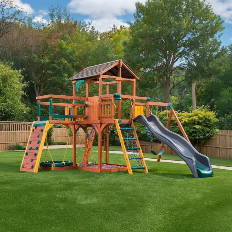 Cedar Outdoor Playset with Double Slide, Swings & Rock Wall