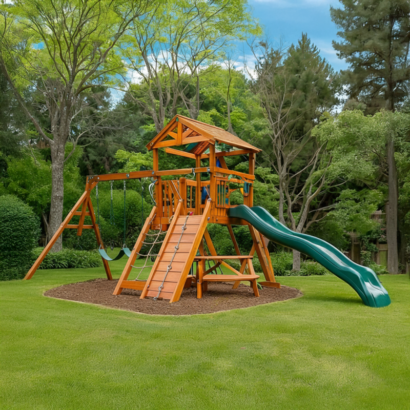 Cedar Outdoor Playset with Slide, Swings, Rock Wall & Picnic Table