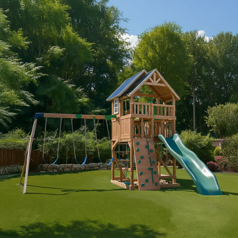 Wooden Backyard Playset with Slide, Swings & Climbing Wall – Kids Tower