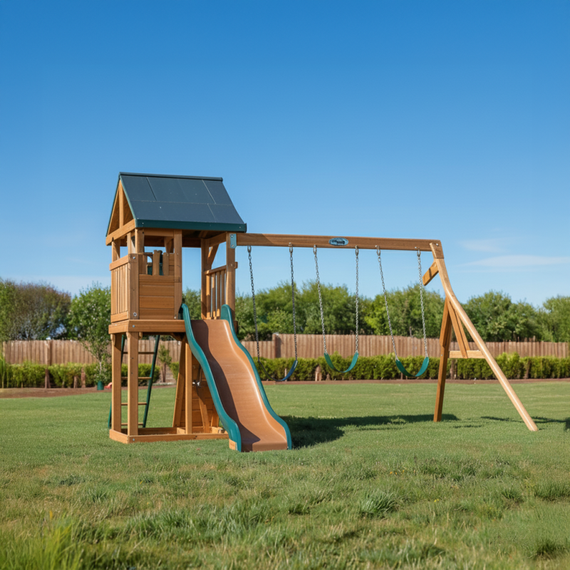 Wooden Playset with Slide & Triple Swings – Backyard Kids Tower Set