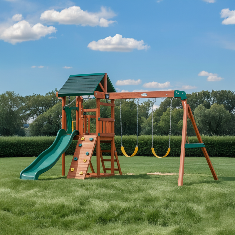 Compact Wooden Swing Set with Slide & Climbing Wall – Kids Backyard Play