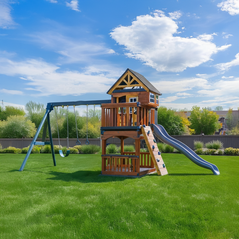 Premium Wooden Playset with Dual Slides, Swings & Climbing Tower – Backyard