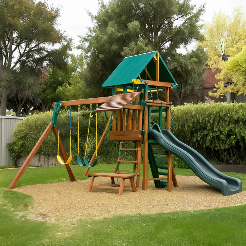 Wooden Kids Playset with Dual Slide, Swings & Picnic Bench – Backyard