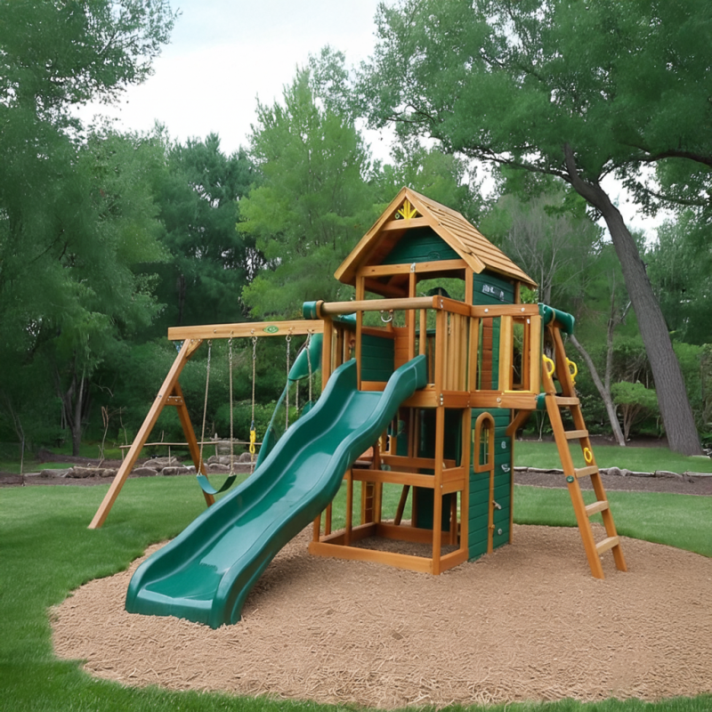 Compact Wooden Playset with Double Slide, Swings & Playhouse – Backyard