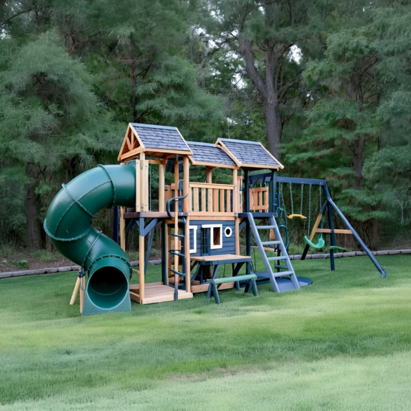Navy & Cedar Backyard Playset – Tube Slide, Swings, Dual Towers & Picnic Bench