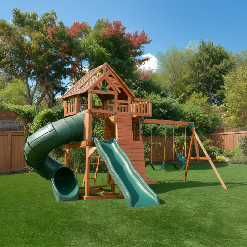Cedar Backyard Playset with Double Slide, Tube Slide & Swings – Complete Outdoor Fun