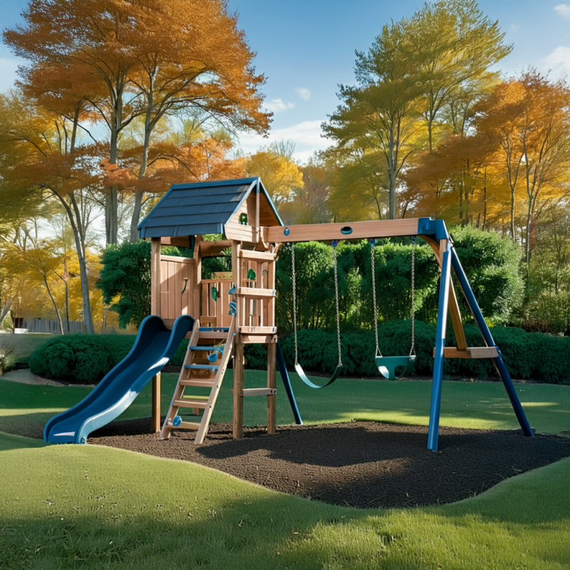 Wooden Backyard Playset with Blue Slide, Tower & Swings – Compact Set