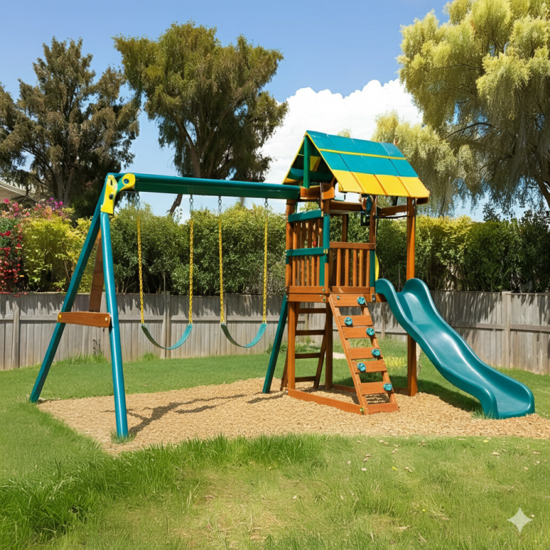 Colorful Wooden Playset with Dual Slide, Swings & Climbing Wall – Backyard