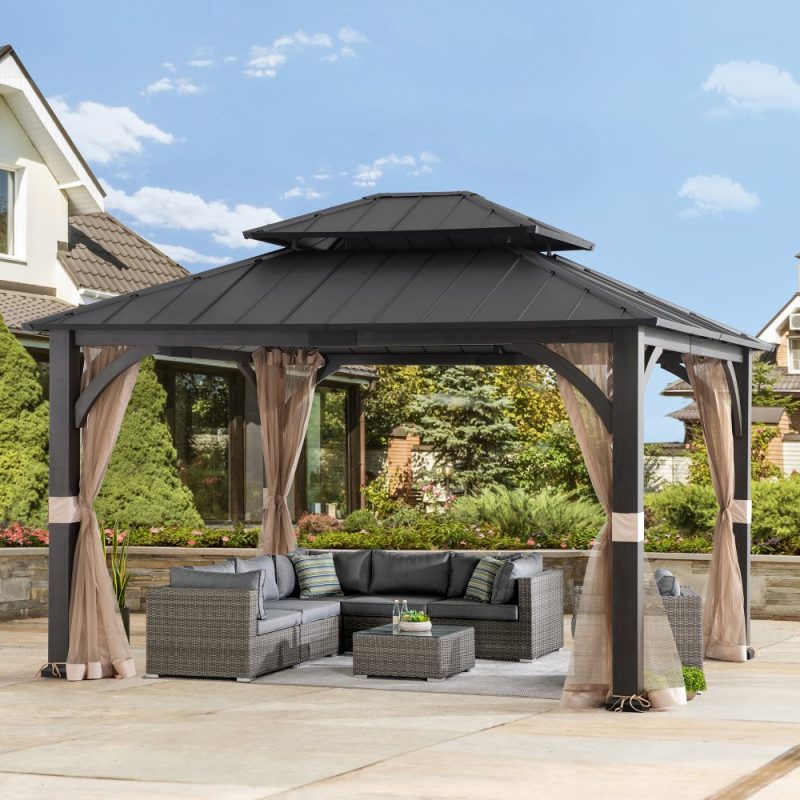15x13 Hardtop Steel Gazebo with Netting, Ceiling Hook & Realistic Woodgrain Finish