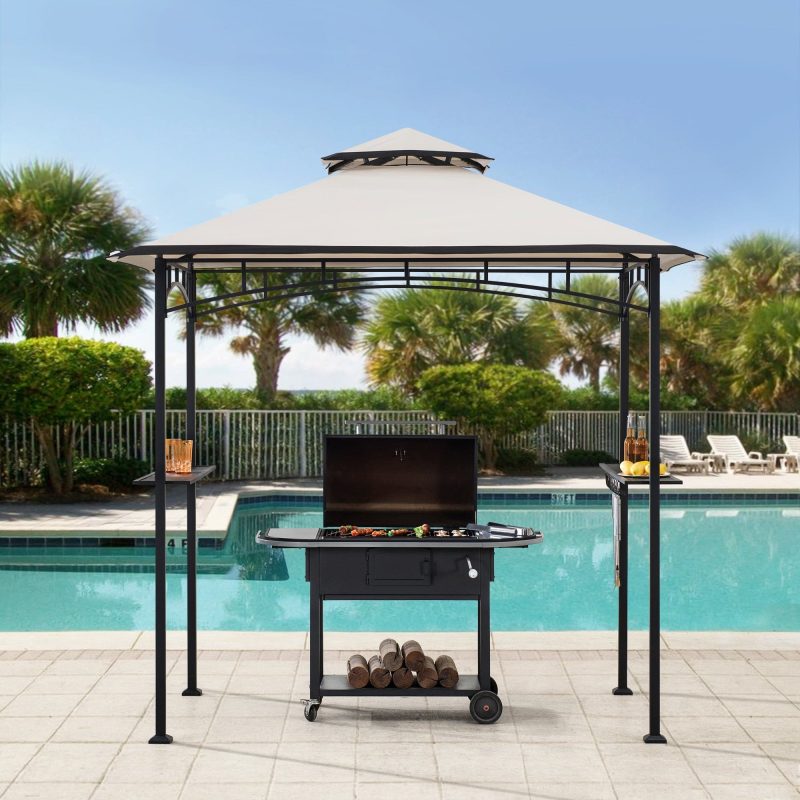 5x8 BBQ Grill Gazebo with Bar Shelves and Hooks - Beige & Black