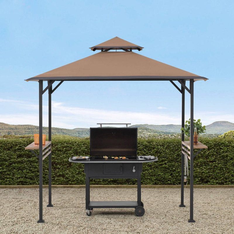 Outdoor Patio 5x8 Khaki 2-Tier Steel Backyard Soft Top Grill Gazebo with Bar Shelves and Hooks