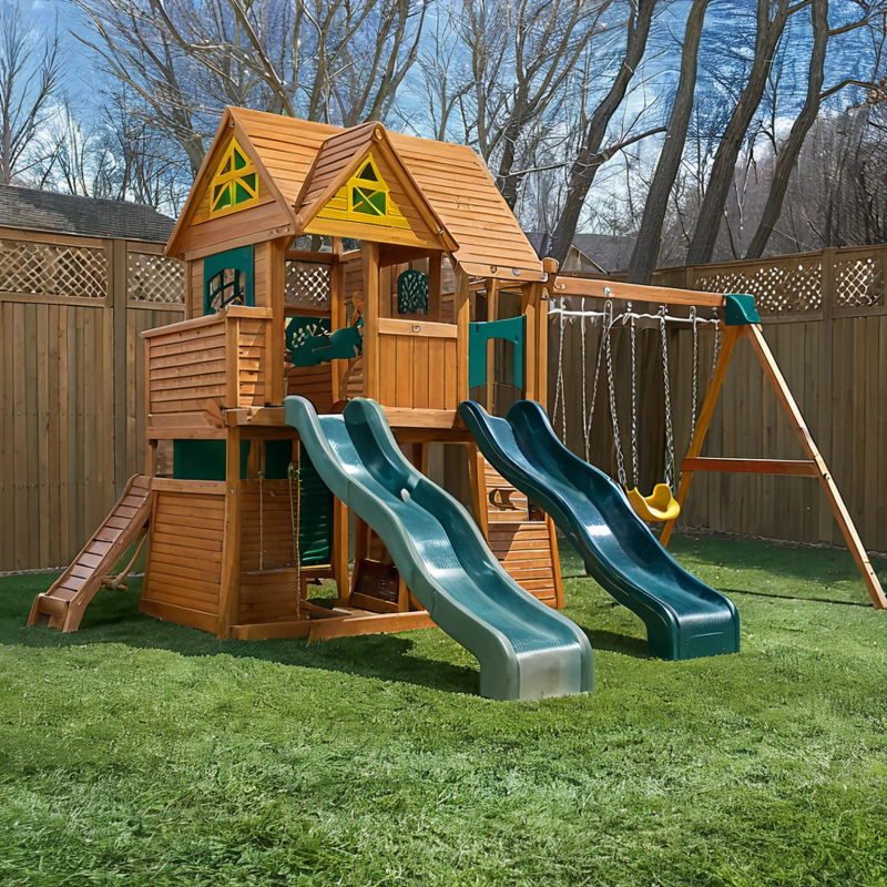 Cedar Wood Outdoor Playset with Dual Slides, Swings, and Multi-Level Clubhouse