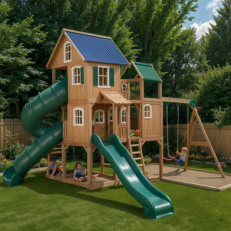 Cedar Wood Backyard Playset with Spiral Tube Slide, Wave Slide & Multi-Level Playhouse