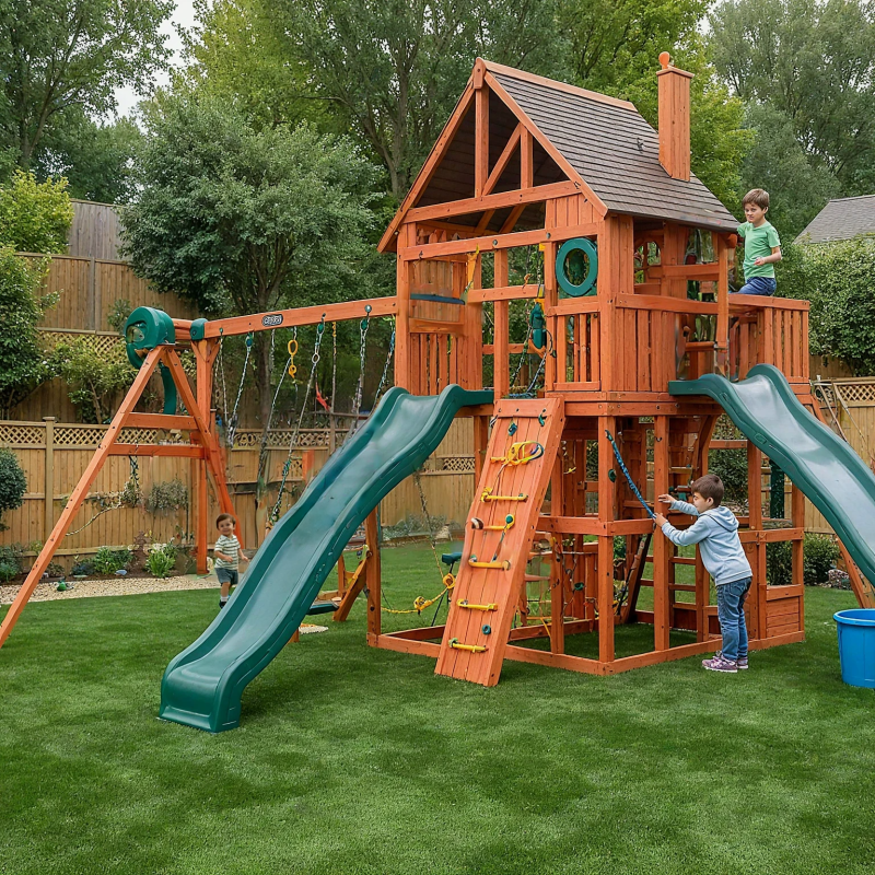 Cedar Wood Outdoor Playset with Dual Slides, Swings, and Climbing Tower