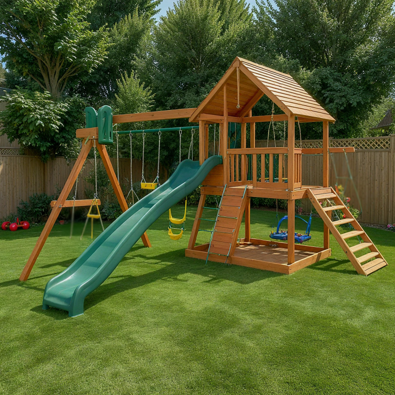 Cedar Wood Compact Outdoor Playset with Wave Slide, Swings, and Clubhouse