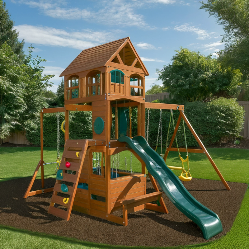 Cedar Wood Outdoor Playset with Wave Slide, Swings, Climbing Wall, Sandbox, and Clubhouse