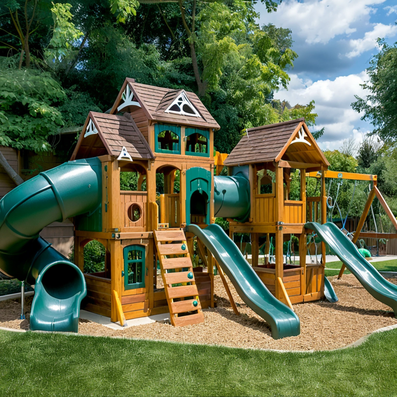 Cedar Wood Mega Outdoor Playset with Towers, Slides, Swings, and Bridge