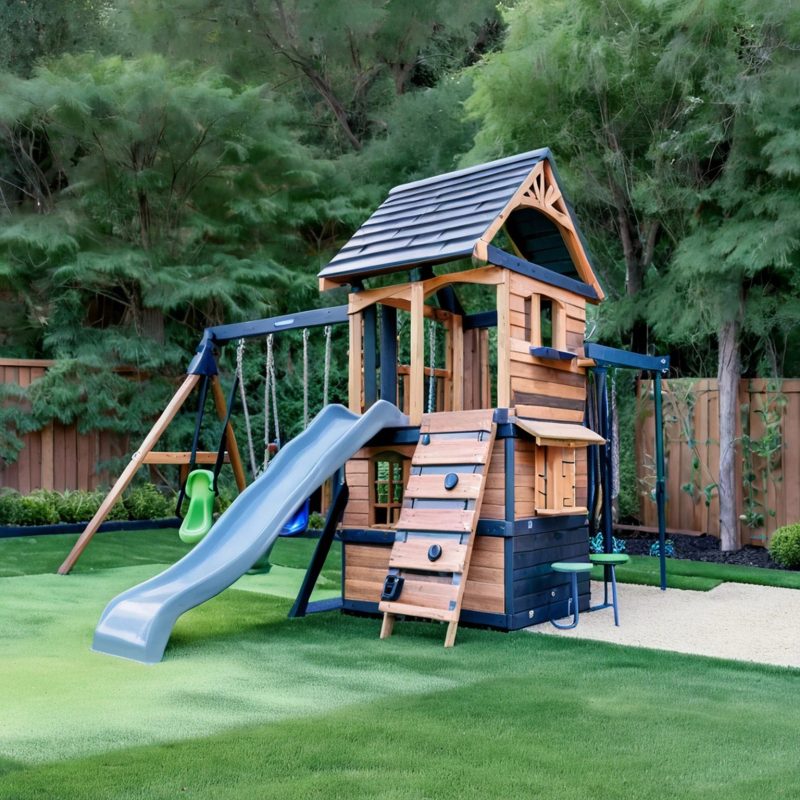 Modern Cedar Wood Playset – Wave Slide, Swings, Rock Wall & Snack Stand