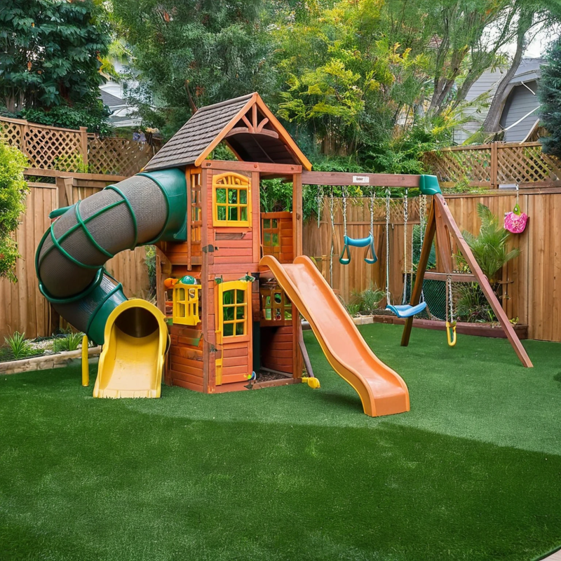 Cedar Wood Outdoor Playset with Tube Slide, Wave Slide, Swings, and Two-Level Playhouse
