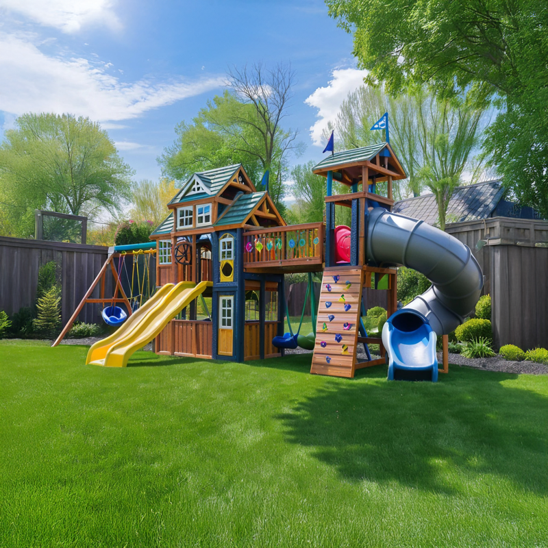 Mega Castle Cedar Playset – Tube Slide, Dual Slides, Swings & Climbing Wall