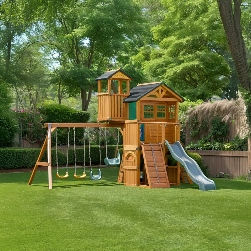 Cedar Backyard Playset with Dual Towers, Slide, Rock Wall & 3-Seat Swings
