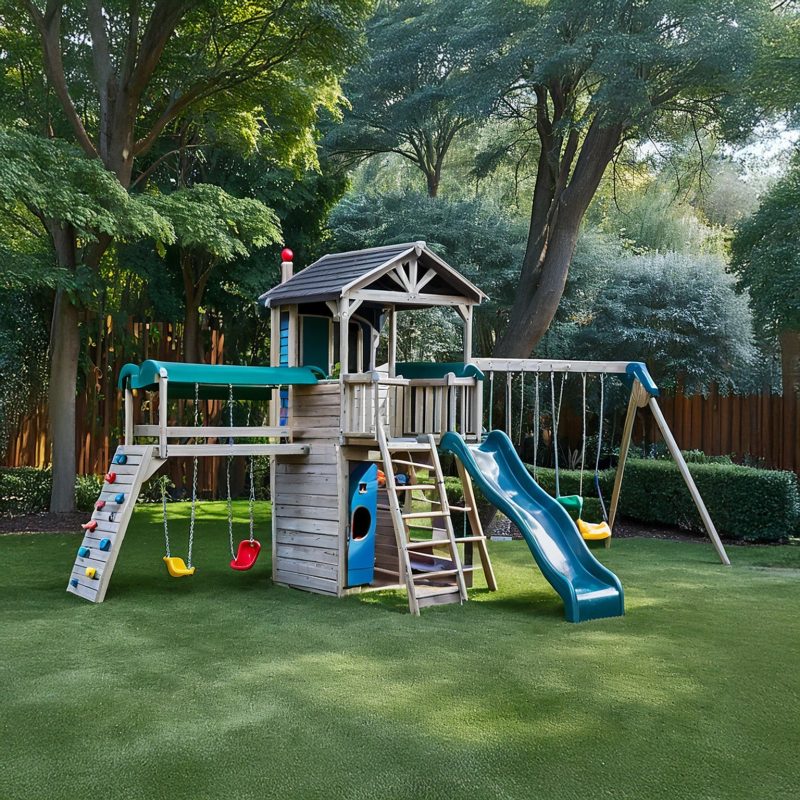 Gray Cedar Backyard Playset with Double Slides, Swings & Clubhouse