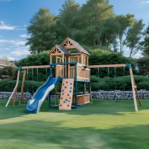 Wooden Playset with Double Swings, Slide, Rock Wall & Clubhouse