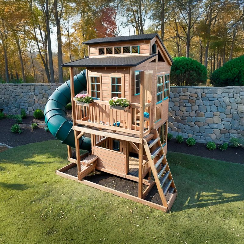 Deluxe Cedar Wood Playhouse – Two-Story Tower with Spiral Tube Slide