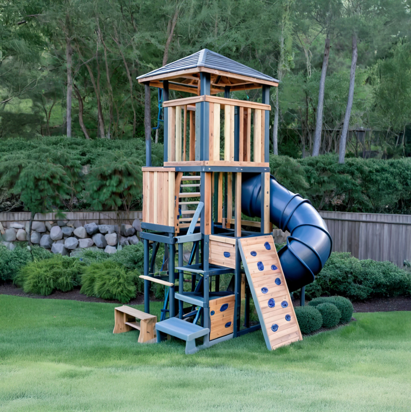 Modern Tower Outdoor Playset – Multi-Level Climbing Fort with Tube Slide
