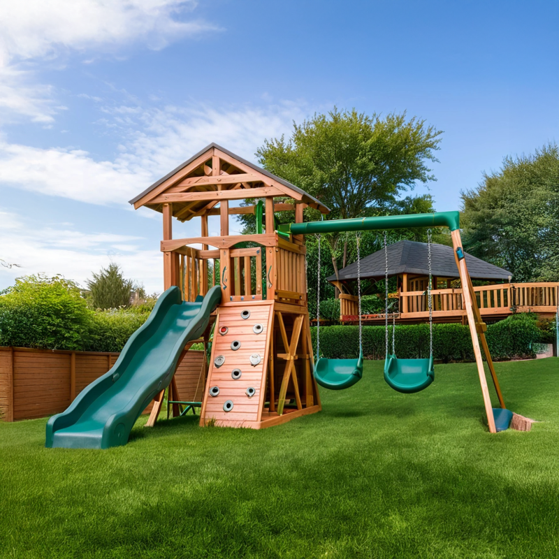 Cedar Backyard Playset with Slide, Climbing Wall & Swings – Safe Outdoor Fun