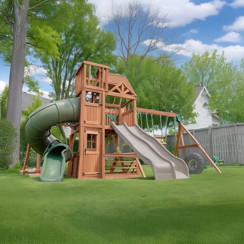Cedar Wood Mega Playset with Slides, Swings, and Clubhouse