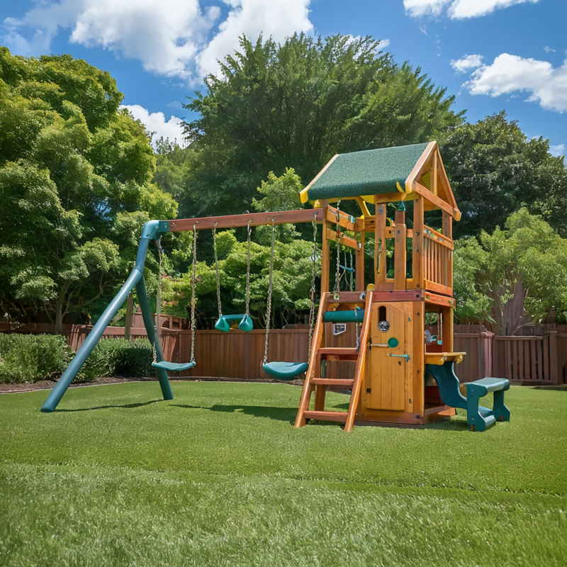 Wooden Kids Playset with Swings, Tower & Picnic Table – Compact Backyard