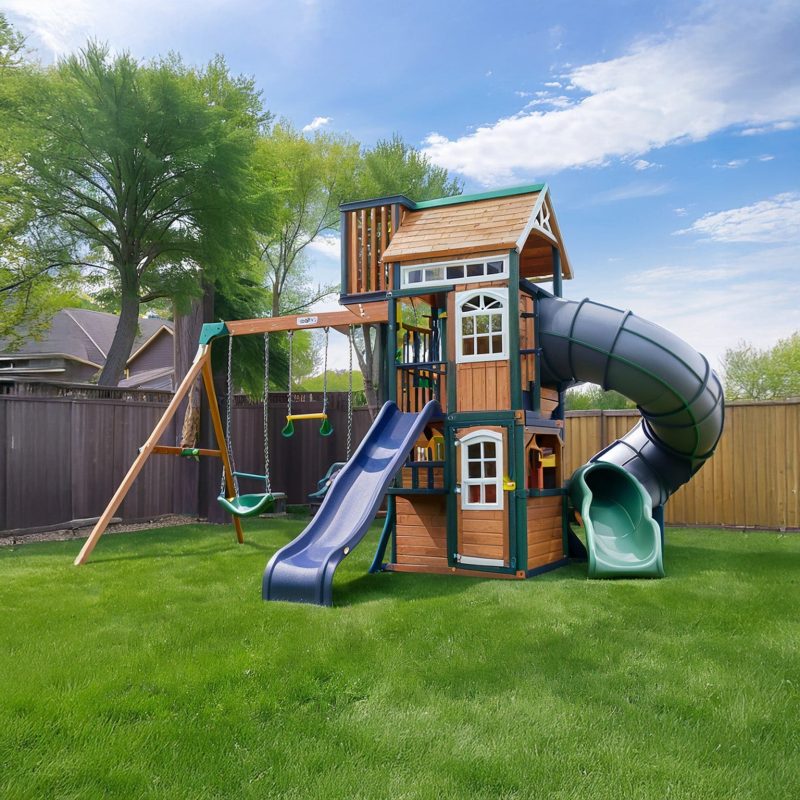 Deluxe Cedar Wood Playhouse – Tube Slide, Wave Slide, Swings & Clubhouse