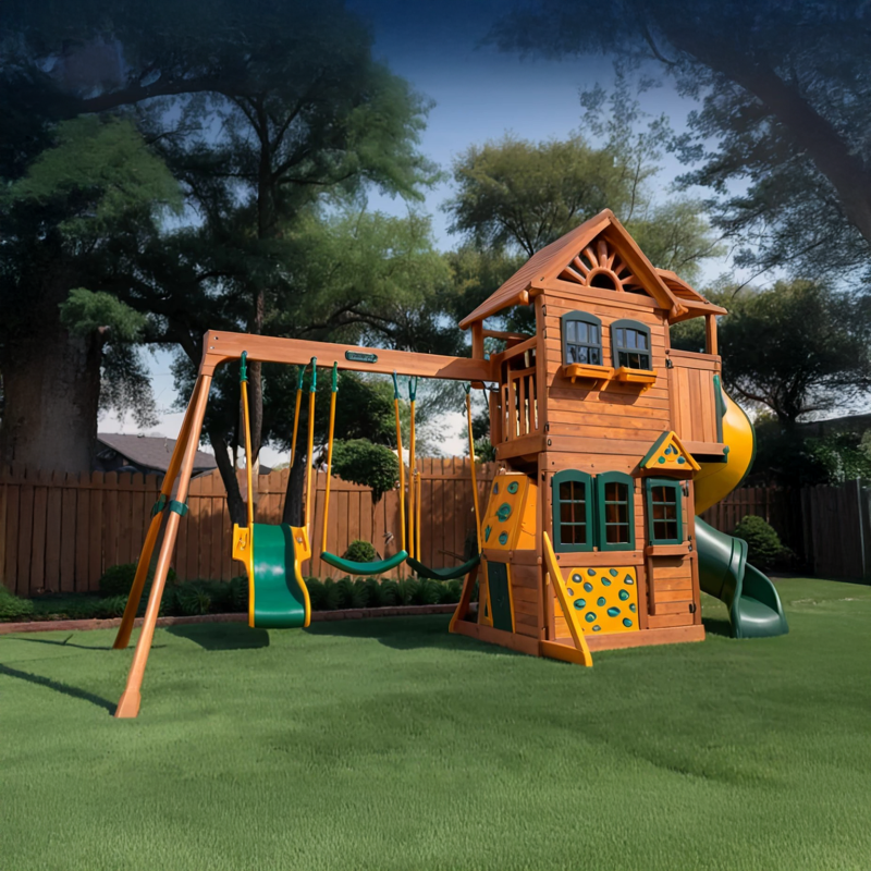 Storybook Cedar Playhouse – Tube Slide, Swings, Climbing Wall & Clubhouse