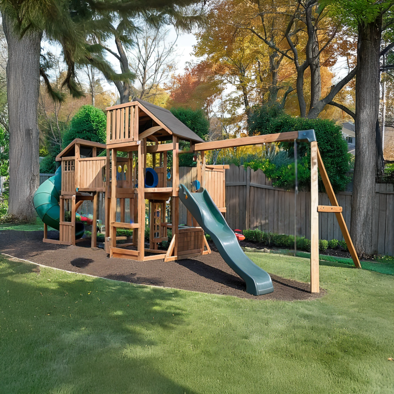 Cedar Wood Dual Tower Outdoor Playset with Slides, Swings, Bridge, and Climbing Features