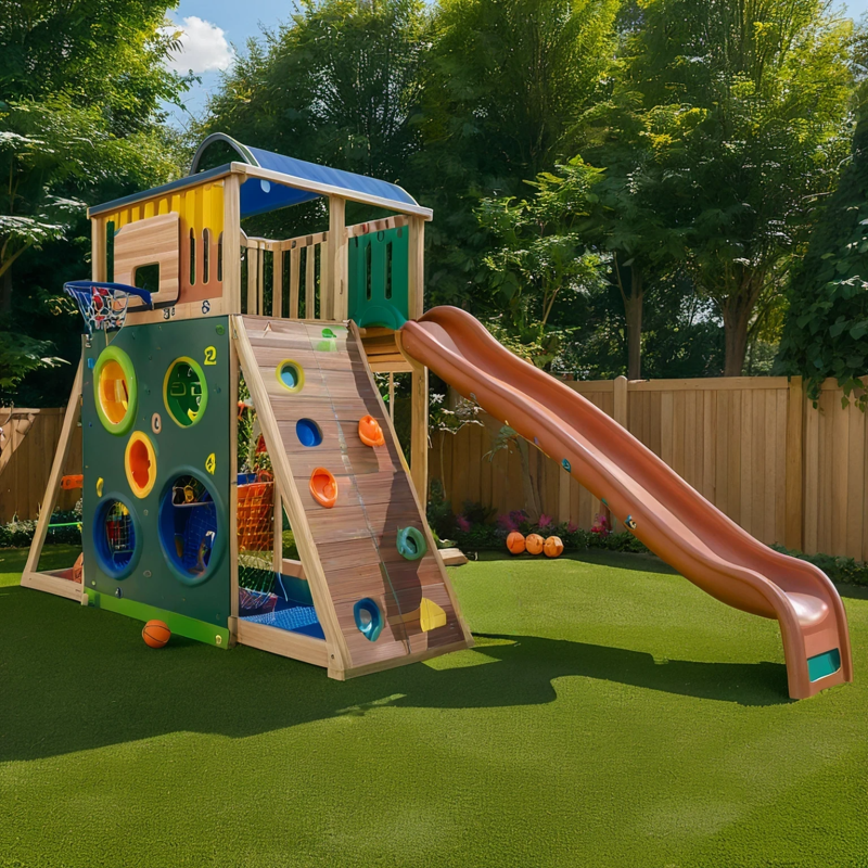 Kids Outdoor Playset – Wave Slide, Climbing Wall, Basketball Hoop & Activity Center