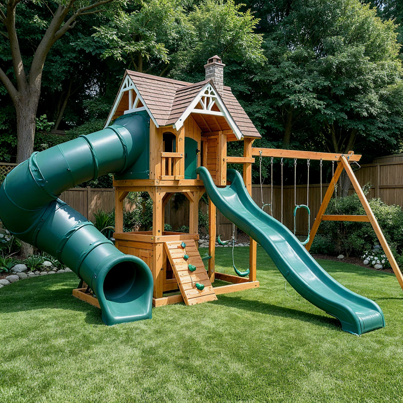 Cedar Wood Outdoor Playset with Tube Slide, Wave Slide, Swings, and Storybook Clubhouse